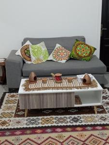 uma sala de estar com um sofá com almofadas e uma mesa de centro em Its your choice hostel em Wadi Musa