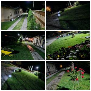 a group of four pictures of a yard at night at Casa Mariana in Murighiol