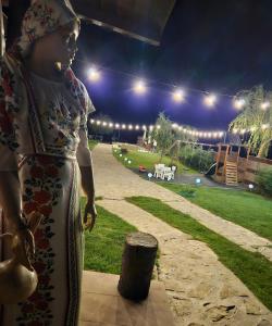 a woman standing next to a tree stump at night at Casa Mariana in Murighiol