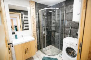 a bathroom with a shower and a washing machine at Apartamenty Rogoża in Rogożnik +21 photos