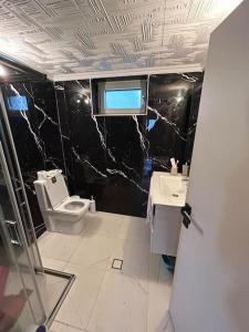 een badkamer met een toilet, een wastafel en een raam bij Cozy House Nipsa in Nípsa