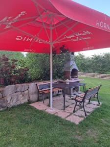 un tavolo da picnic sotto un ombrello rosso con stufa di Guest house Emanuela a Slunj