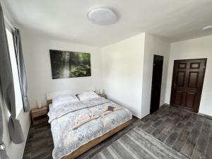 a bedroom with a bed and a painting on the wall at Udvar-ház in Nagyvisnyó +37 photos