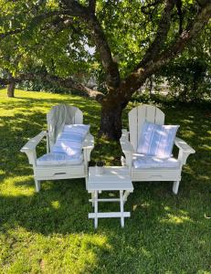 duas cadeiras brancas e uma mesa debaixo de uma árvore em Koselig leilighet sentralt i Stavern em Stavern