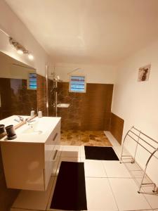 ein Badezimmer mit einem weißen Waschbecken und einer Dusche in der Unterkunft Villa KLYTANLY in Le Robert