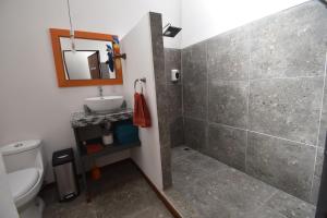 a bathroom with a toilet and a sink and a mirror at Selva Madre Eco-Sanctuary in Cahuita