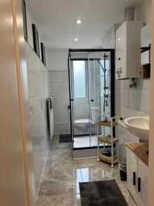 a bathroom with a shower and a toilet and a sink at Top Ferienwohnung 55qm, Netflix, Prime in Bochum