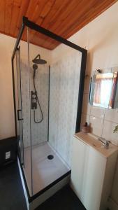 a bathroom with a shower and a sink at La Rosée - Studio Campagne à 50m des Thermes - Vue jardin, Wifi, Smart TV in Bourbonne-les-Bains