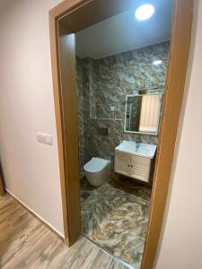 bagno con servizi igienici, lavandino e specchio di Al Sahab Villa a Hadžići