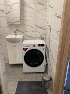 eine Waschmaschine im Bad mit Waschbecken in der Unterkunft AUDRU APARTMENT Newly renovated apartment with SAUNA, near Audru Golf in Audru