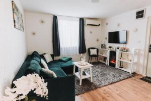 a living room with a green couch and a tv at Alina Apartman in Neszmély