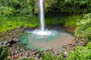 a group of people swimming in a pool in front of a waterfall at Arenal Surá in Fortuna