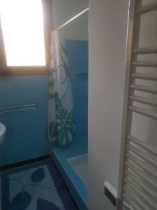 La petite salle de bains est pourvue d'une douche et de toilettes. dans l'établissement L Étoile du Verdon, à Saint-André-les-Alpes