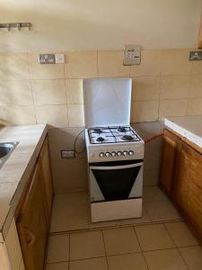 a small kitchen with a stove and a sink at Queens apartments in Entebbe