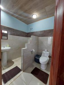 łazienka z toaletą i umywalką w obiekcie Arenal Surá w mieście Fortuna