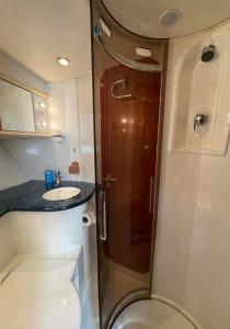 uma casa de banho com um chuveiro, um WC e um lavatório. em Motor Boat Accommodation em Torquay