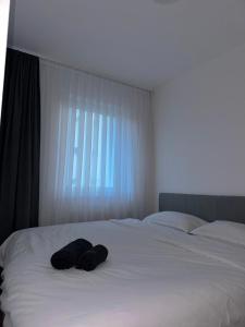 a white bed with two pillows on it with a window at Sarajevo Apartment Magnolia in Sarajevo +5 photos