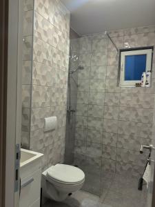uma casa de banho com um WC e uma cabina de duche em vidro. em Sarajevo Apartment Magnolia em Sarajevo