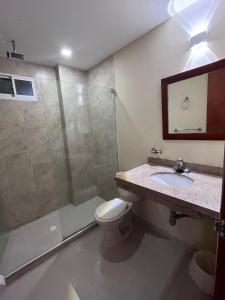 a bathroom with a shower and a toilet and a sink at Hotel Bahia Plaza in Santa Marta