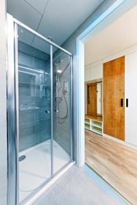 een glazen douchecabine in een badkamer met een wastafel bij Rezidence Mozart in Praag