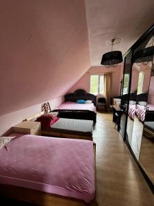 a bedroom with three beds in a room with pink walls at Vasaras māja Rāzna - Pirts 