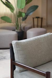 uma cadeira numa sala de estar com um vaso de plantas em Livingville The Two-Fifty em Cairo