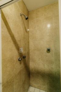 W łazience znajduje się prysznic ze szklanymi drzwiami. w obiekcie Hotel Maioris El Diez Culiacan w mieście Culiacán