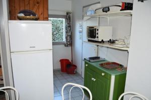 een kleine keuken met een witte koelkast en groene kasten bij Résidence ILE DES PECHEURS - Maisons & Villas pour 6 Personnes 34 in Port Leucate