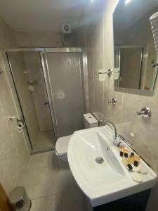 W łazience znajduje się umywalka, prysznic i toaleta. w obiekcie Retrol Hotel w Stambule