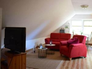 a living room with a red couch and a tv at Beach holiday home directly on the Veluwemeer in Kargow