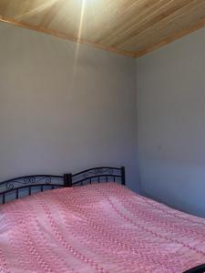 - une chambre avec un lit rose et un plafond en bois dans l'établissement Şamaxı Cennetbagı Evi, à Şamaxı