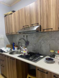 cocina con fregadero y fogones horno superior en Şamaxı Cennetbagı Evi en Şamaxı