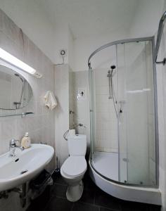 y baño con ducha, aseo y lavamanos. en Märkischer Hof Hotel en Berlín