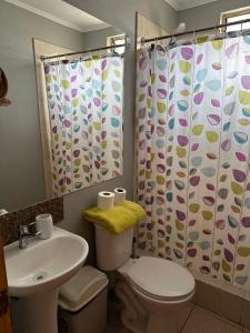y baño con aseo, lavamanos y cortina de ducha. en Casa Once, en San Pedro de Atacama