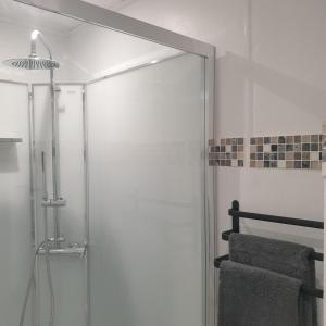 a shower with a glass door in a bathroom at Appartement Grésival in Chapareillan