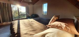 a bedroom with a bed and a chair and windows at Capeview Cottage in Opotiki