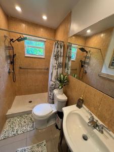 y baño con aseo, ducha y lavamanos. en Queen bedroom in best Location! - Private Parking, Laundry and Drop Off Lugagge, en Miami