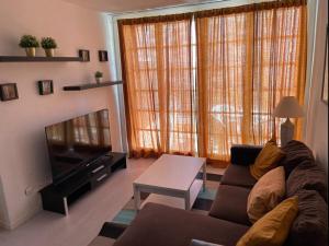 a living room with a couch and a tv at Apartment Playa Las Americas in Playa de las Americas
