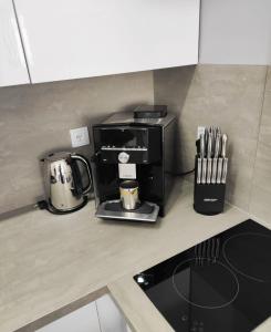 un bancone cucina con tostapane e macchinetta del caffè di Apartament Prestige Spa Dziwnów a Dziwnów