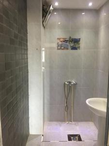 een badkamer met een douche en een wastafel bij Appartement Plage & Famille in Ras El Ma