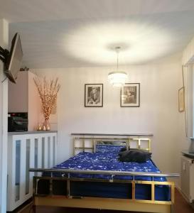 een slaapkamer met een bed met blauwe lakens en een kroonluchter bij Romantik Bdsm Apartment Skyview in Remscheid