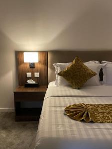 um quarto de hotel com uma cama com um candeeiro em Desert Paradise Hotel فندق جنة الصحراء em Al Bad‘