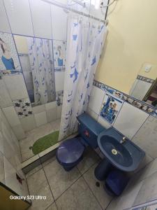 a bathroom with a blue toilet and a shower at Su Majestad II in Huanta