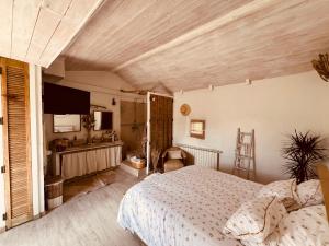 une chambre avec un lit, un bureau et une télévision dans l'établissement La maison du Bougainvillier 10 personnes, à Dions 31 autres photos