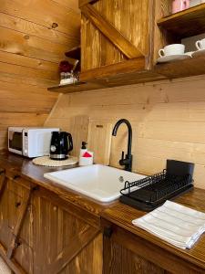 a kitchen with a sink and a microwave on a counter at Enjoy the quiet nature in our unique cottage 