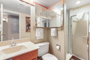 uma casa de banho com um lavatório, um WC e um chuveiro em Beaver Run Resort 4709 by Great Western Lodging em Breckenridge