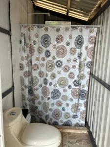 a bathroom with a toilet and a shower curtain at Glamping La Mardo in Cartago