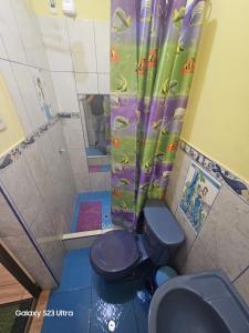 a bathroom with a shower and a toilet and a sink at Su Majestad II in Huanta