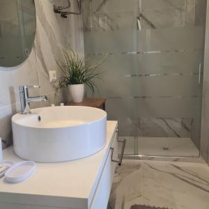 bagno con lavandino bianco e doccia di Cascina Antiche Terre a Campegine