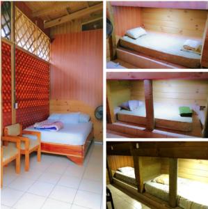 3 photos d'une chambre avec 2 lits superposés dans l'établissement Centro Ecológico La Ribera, à San Rafael